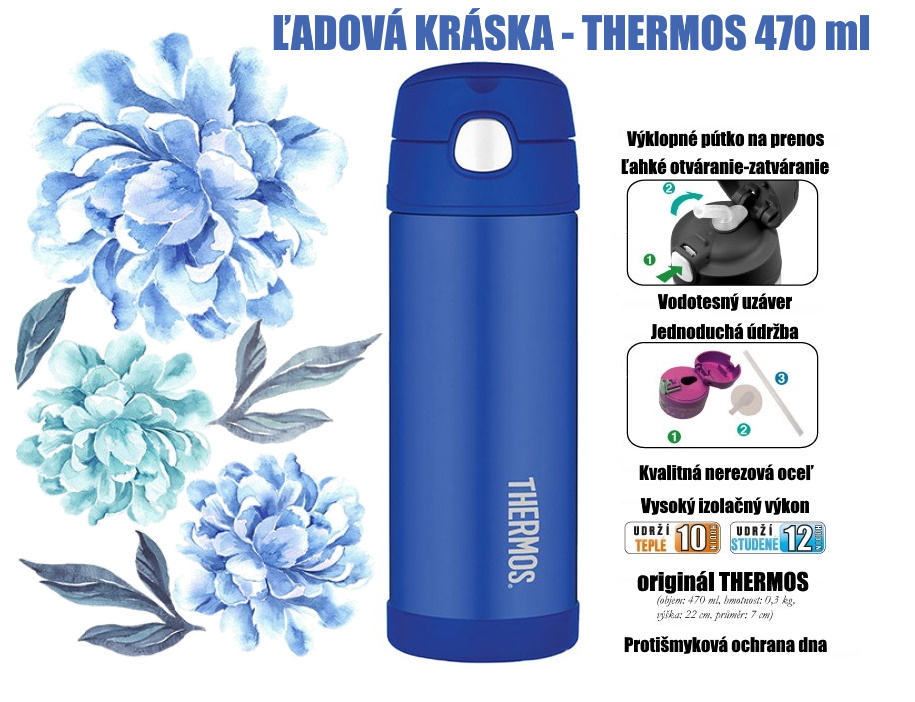 Thermos FUNtainer - detská termoska so slamkou 470 ml - celá modrá