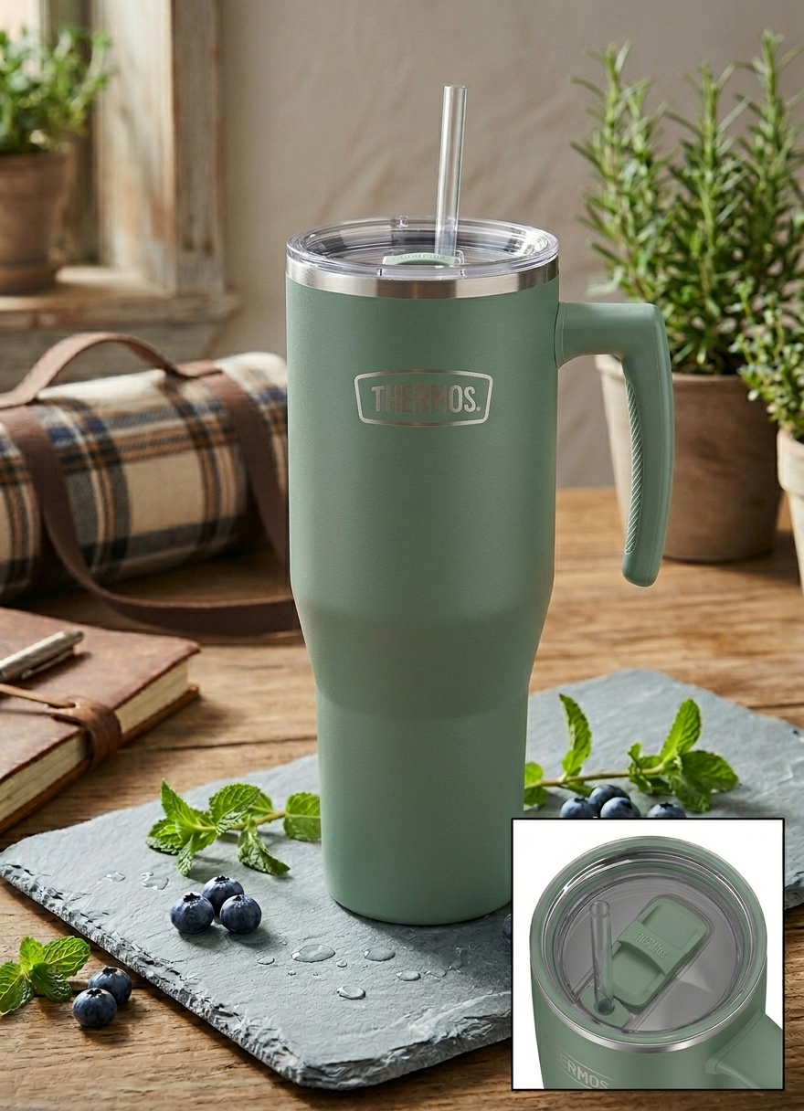 Thermos Refreshing - termohrnček s madlom a slamkou - matná zelená