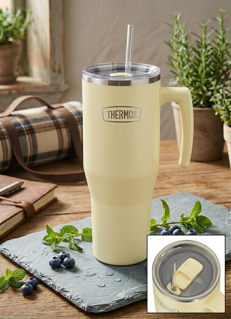 Thermos Refreshing - termohrnček s madlom a slamkou - matná vanilková